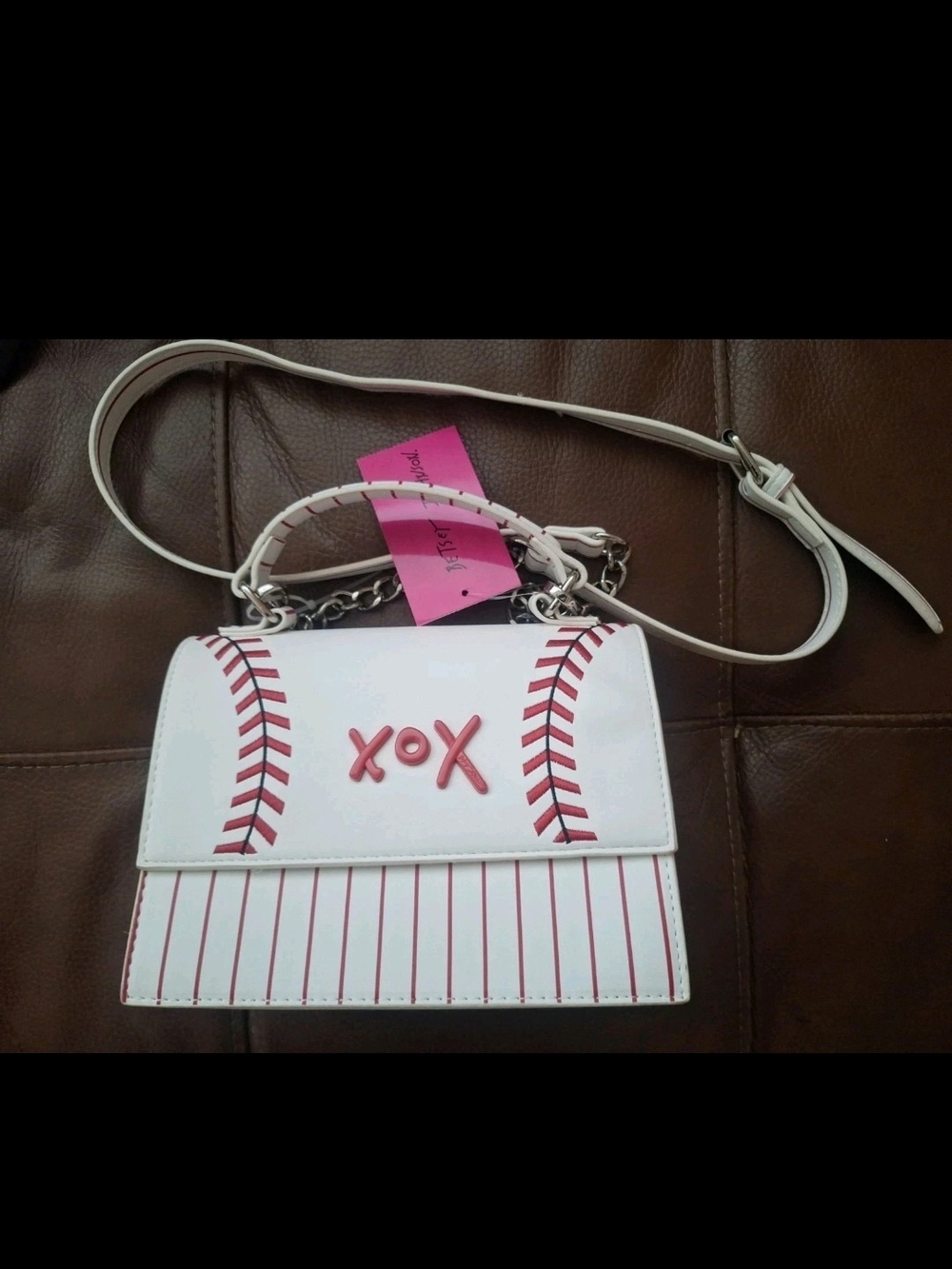 NWT Betsey Johnson Baseball Crossbody Bag White Red XOX Stitch Satchel Purse
